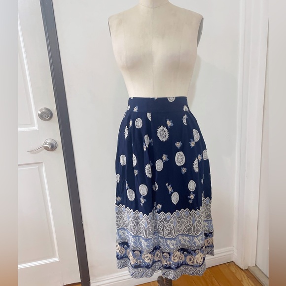 Vintage Viscose Blue and Tan Printed Tea Length Folk Skirt - Picture 1 of 7